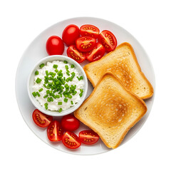Delicious breakfast plate with toast, tomatoes, and creamy dip
