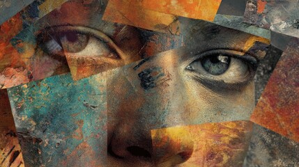 Fragmented face art Close-up of eyes peeking through textured, colorful abstract layers