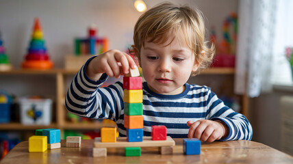 Child stacks blocks on wobbly table