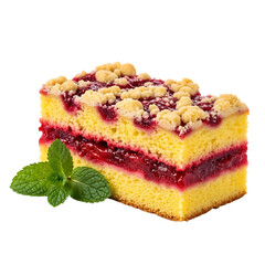 Delicious slice of cake with berry jam and crumbly topping