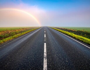 Road stretches toward a rainbow on foggy horizon