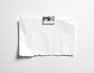 Paper clipped with a mini cassette on clean, white backdrop