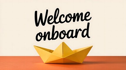 A vibrant golden paper boat carries the handwritten word welcome onboard against a softly colored background symbolizing new beginnings