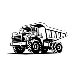 Obraz premium Minimalist black and white dump truck illustration featuring bold solid shapes and high contrast with intricate mechanical detail rendered in a logo-style vector art aesthetic on a clean white backgro