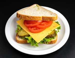 Sandwich stack bread, cheese, tomato, lettuce, pickle