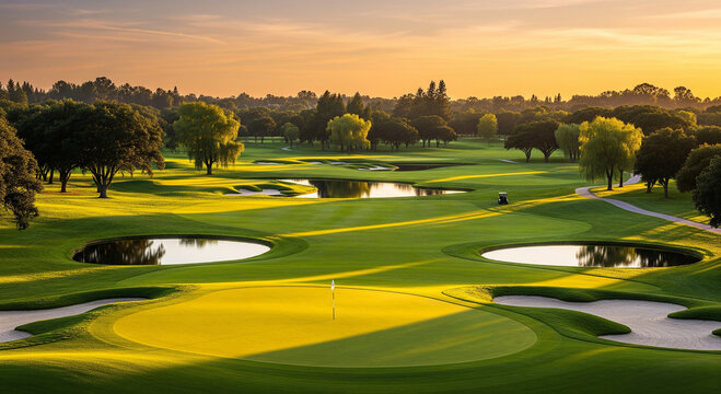 An aerial view of a vast green golf course with bunkers, perfect for sports architecture plans and landscape design goals