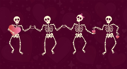 4 Cute Skeletons Making Finger Hearts on Dark Red