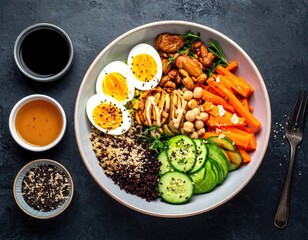 Nutritious bowl with eggs, veggies, quinoa & chickpeas