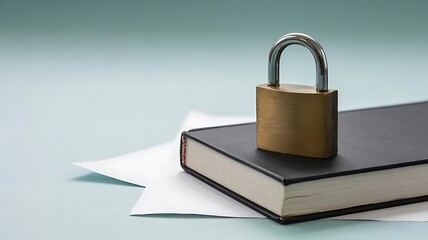 A gleaming golden padlock rests securely upon a closed black book symbolizing data protection and confidential information high quality