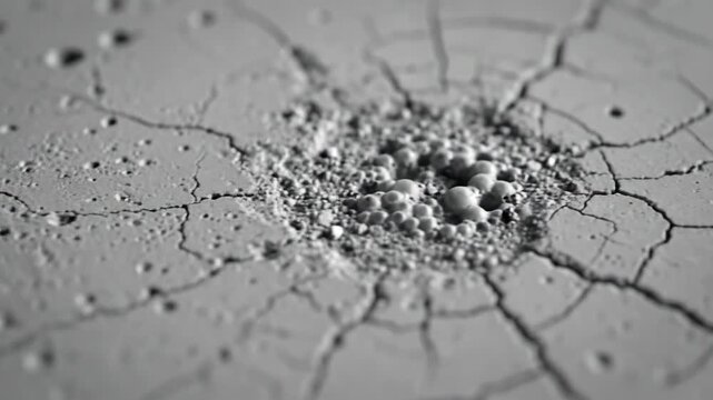 Close-up of a cracked and damaged gray surface with debris.