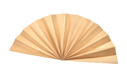 A brown, fan-shaped paper object with a pleated design, against a black background