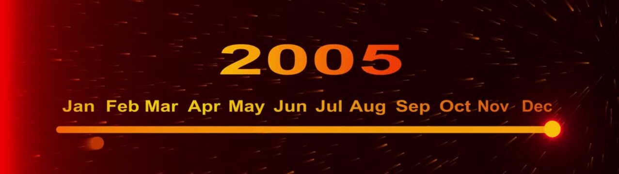Year change concept. New year 2005 loading bar animation. year ending loading animation. Transition loading bar 2005 with Month. Glowing neon line word of 2005 on planet earth with space background.  