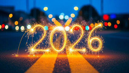 Vibrant New Years Eve 2026 celebration with sparkling fireworks forming the numbers in a