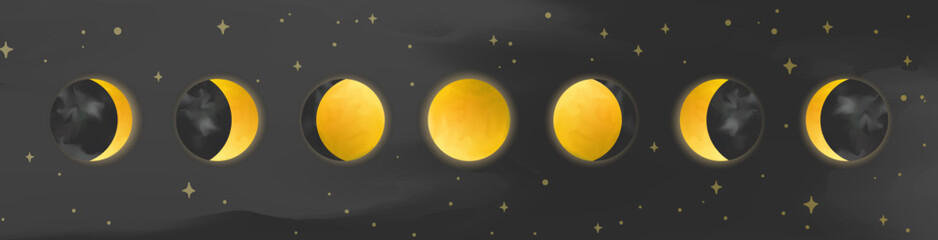 Golden Moon Phases on Dark Starry Sky Banner