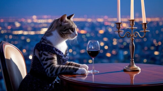 Elegant Cat in Evening Dress with Wine and City Lights
