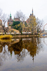 Fototapeta premium Vajdahunyad Castle with waterfront in Budapest at christmas time. Amazing Reflection.