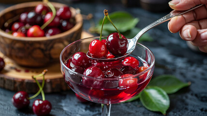 A spoon scoops cherries from the bowl into a dessertbowl