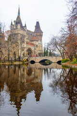 Vajdahunyad Castle with waterfront in Budapest at christmas time. Amazing Reflection.