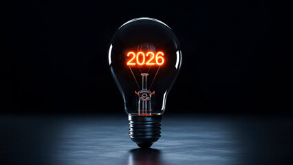 Glowing light bulb with futuristic digital display showing the year 2026, symbolizing