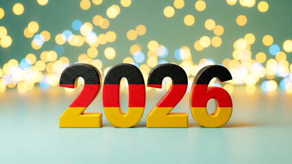 Vibrant 3D rendered number 2026 in bold yellow, red, and black colors against a festive