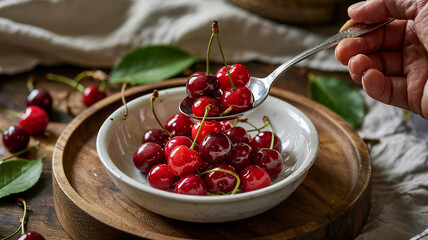 A spoon scoops cherries from the bowl into a dessertbowl