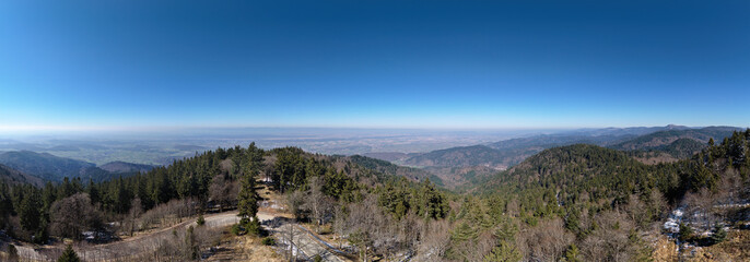 Panoramic Black Forest with a view from the Blauen mountain near Schliengen in spring, drone photodefault