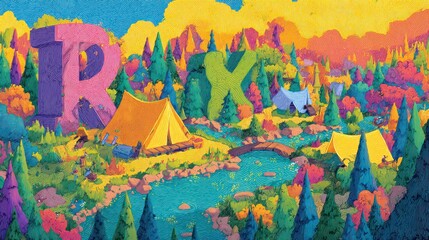 Colorful campsite scene with stylized text integrated, vibrant landscapes and tents by a river