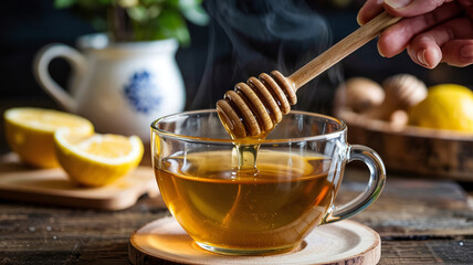 A spoon gently stirs honey into freshly brewed lemontea