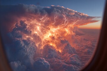 A lightning strike in a thundercloud, photographed through an airplane window. Generative AI