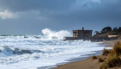 Waves crash against a coastal building during a storm near a sandy beach and rocky shore