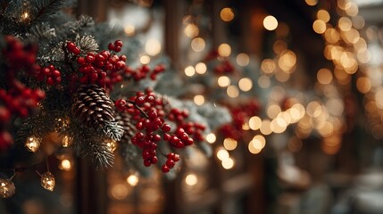 Close-up detail of a Christmas pine garland with red berries and pinecones interwoven with warm white string lights and golden bokeh.