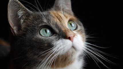 Close-up view of a cat looking up with bright eyes in a dark setting