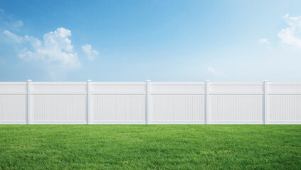 Obraz premium Neat white fence with lush grass and blue sky, representing order, beauty, and well maintained outdoor spaces