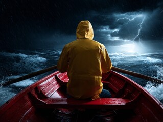 Person in yellow raincoat rowing red boat through storm