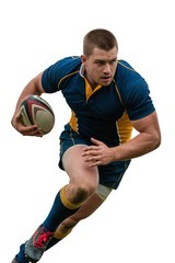  Professional male rugby player running with ball in action during intense match on a transparent background 