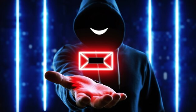 A mysterious figure in a dark hoodie presents a glowing geometric digital interface with illuminated lines high quality professional - Powered by Adobe