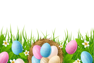 Colorful pastel easter eggs nestled in green grass with delicate white flowers celebrating spring isolated on transparent background