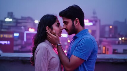A young Indian couple stands close on a rooftop in Mumbai at night. Rain falls gently as the man touches face of the woman. Neon lights shine in the background
