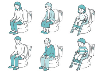 トイレに座る人々のイラストセット（全世代・男女・子供・快便・リラックス）