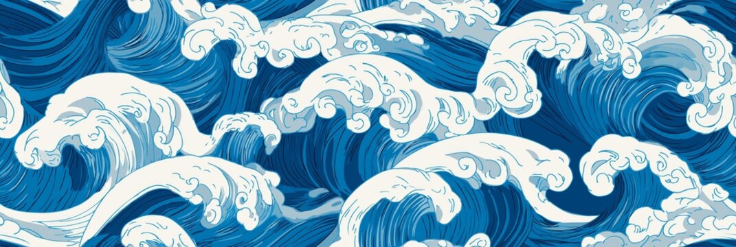 Japanese woodblock inspired ocean wave seamless pattern. Ocean waves creating a repeating Asian style graphic seamless pattern