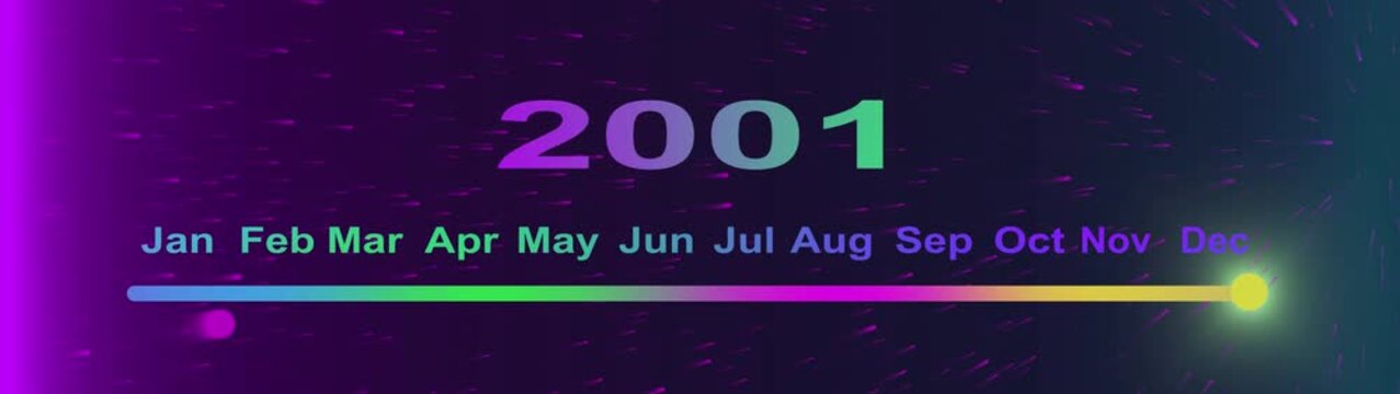 Year change concept. New year 2001 loading bar animation. year ending loading animation. Transition loading bar 2001 with Month. Glowing neon line word of 2001 on planet earth with space background.  