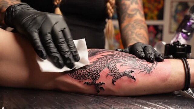 Tattoo artist applying aftercare treatment to a fresh fish scale tattoo on a person's leg