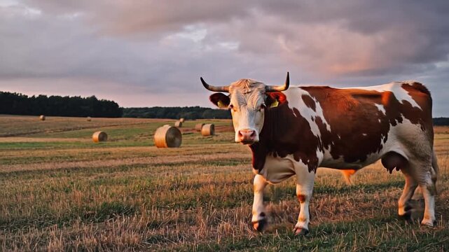 hereford cow grazing at sunset farm landscape video