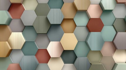 Modern 3D Hexagonal Honeycomb Pattern With Colorful Geometric Tiles In Shades Of Green Beige Gray Red And Blue For Interior Design And Decoration