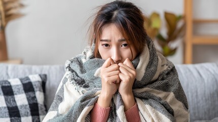 Sick young woman with headache fever cough cold sneezing sitting under blanket on sofa at home living room, healthcare illness recovery concept, home care, flu symptoms and wellness awareness