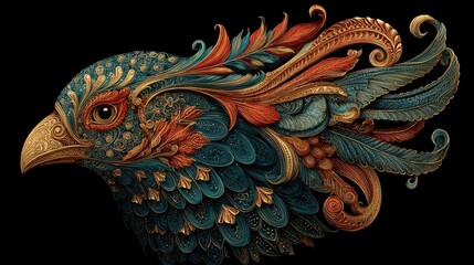 Fototapeta premium Colorful stylized bird head illustration with vibrant feathers, striking eye detail, and intricate mosaic patterns