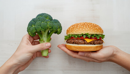 Healthy broccoli versus a cheeseburger, symbolizing the dilemma between healthy eating and indulgence