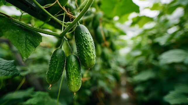 Fresh green cucumbers hanging on vines in a garden with sharp focus on the bumpy texture and lush green leaves in the background sunlight.
