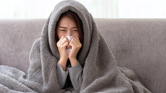 Sick young woman with headache fever cough cold sneezing sitting under blanket on sofa at home living room, healthcare illness recovery concept, home care, flu symptoms and wellness awareness