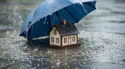 A miniature house stands resiliently against a heavy downpour sheltered by a vibrant blue umbrella in a flooded scene
